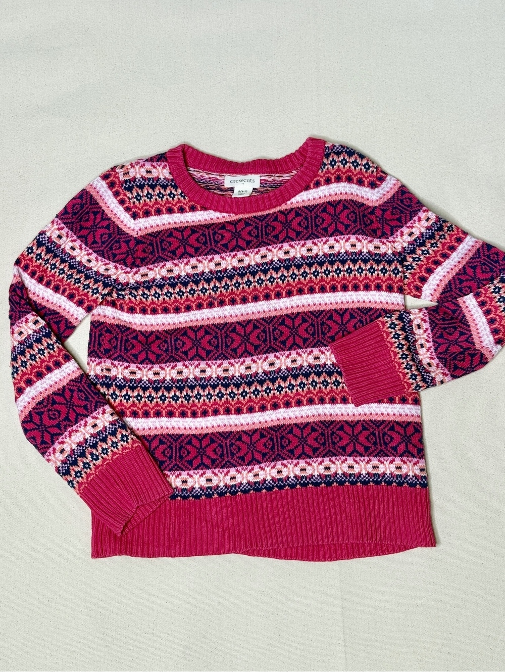 Crewcuts Girls Fair Isle Cotton Sweater Pink Navy Size S 6-7 J.Crew